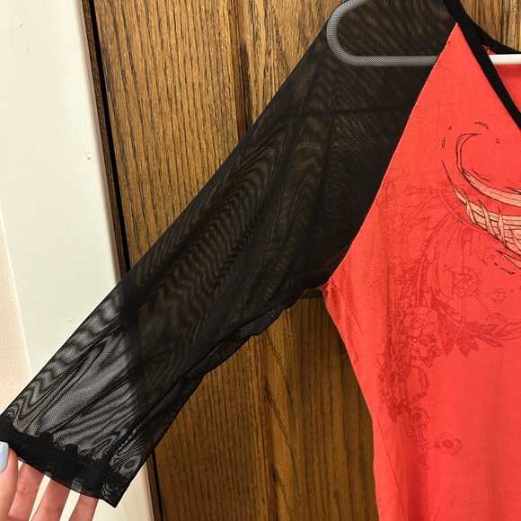 Harley-Davidson El Paso Red and Black Mesh Bejeweled Quarter Sleeve Top Large - Picture 6 of 8